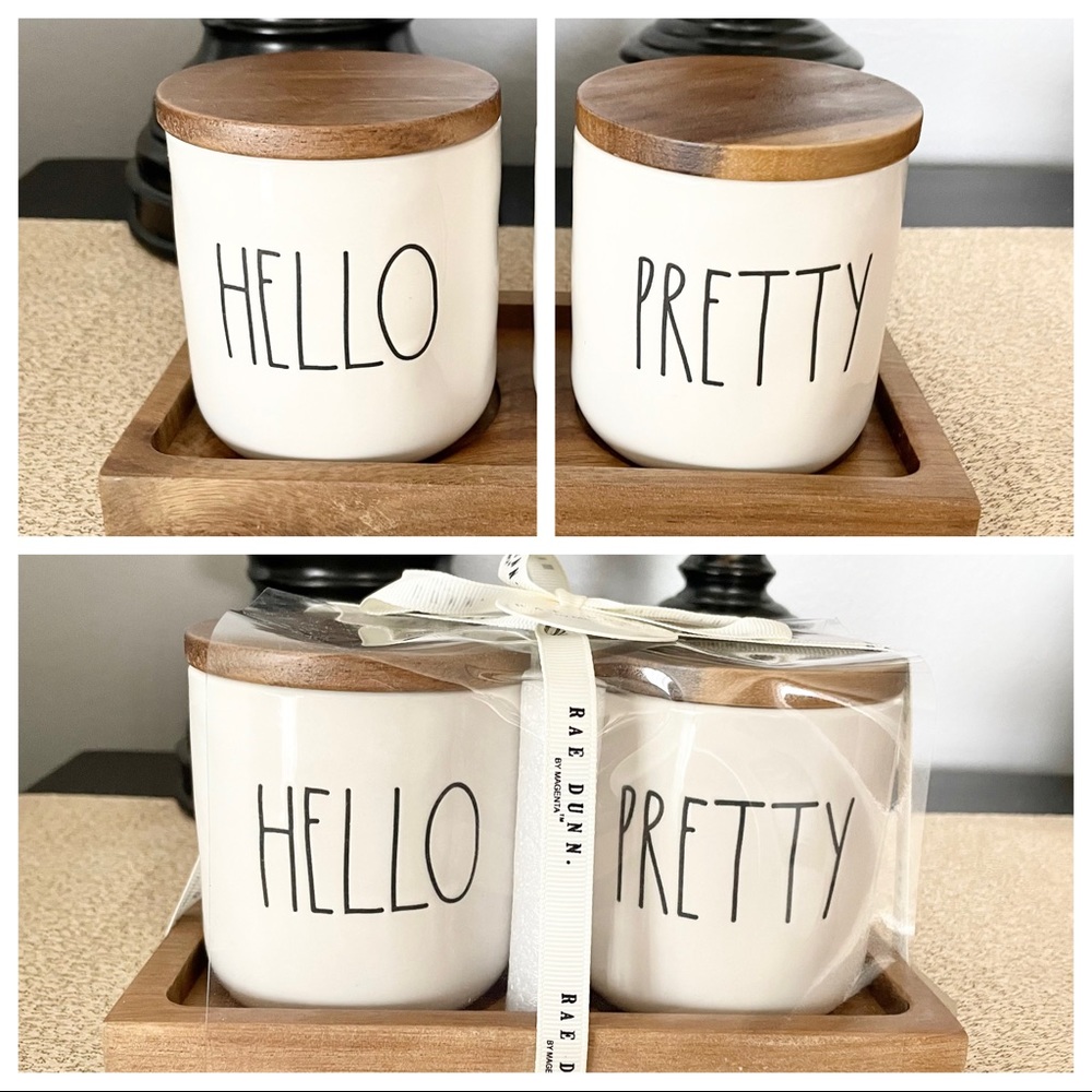 New Rae Dunn HELLO/ PRETTY Ceramic Canister Tray Set